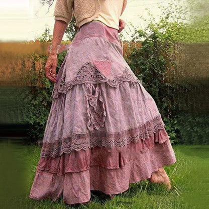 Spring Women's Long Skirt with Lace and Flare Design