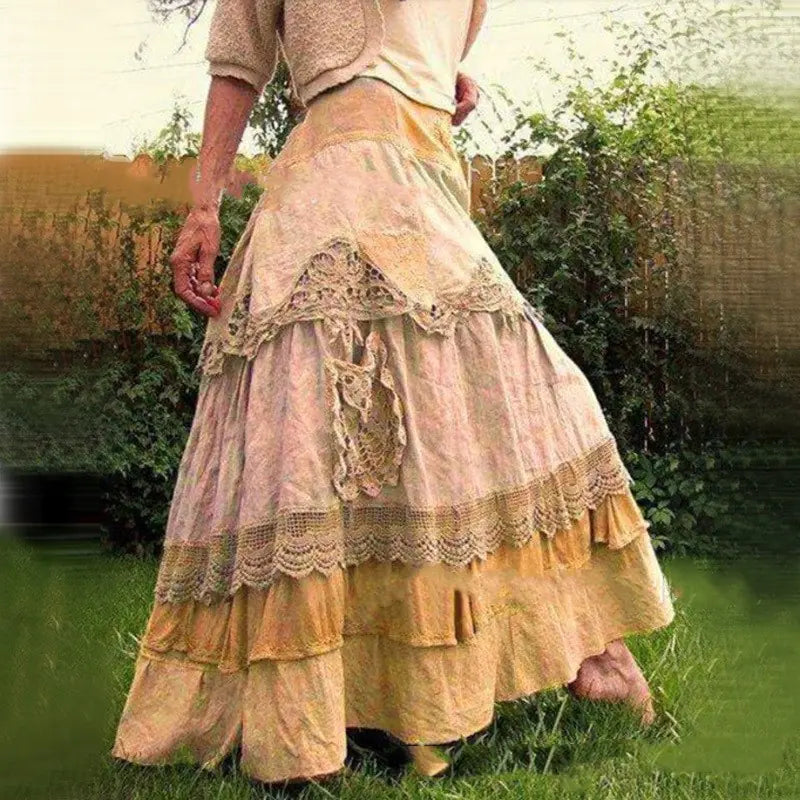 Spring Women's Long Skirt with Lace and Flare Design