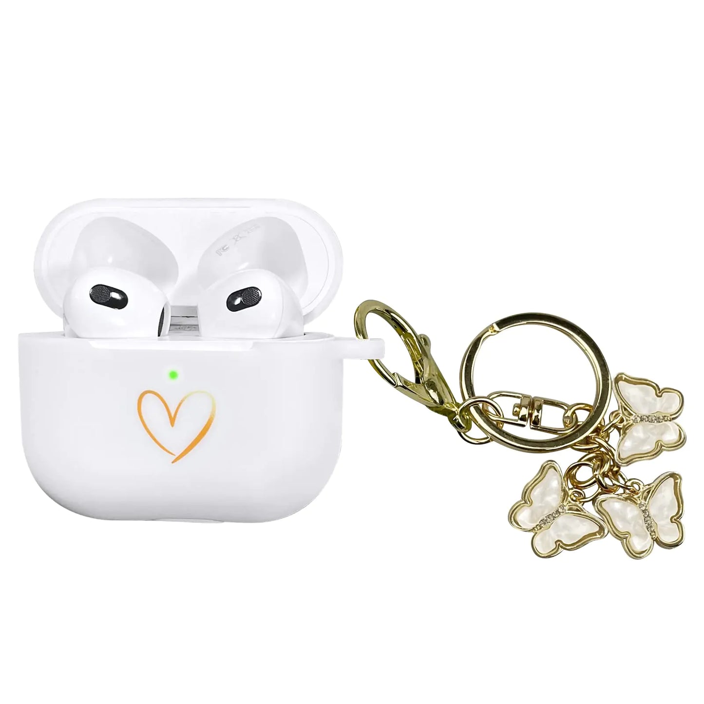 AIIEKZ Compatible with AirPods 3 Case Cover Soft Silicone Case with Gold Heart Pattern for AirPods 3rd Generation Case with Cute Butterfly Keychain for Girls Women (White)