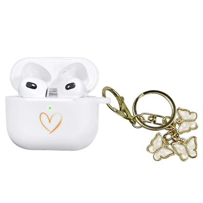 AIIEKZ Compatible with AirPods 3 Case Cover Soft Silicone Case with Gold Heart Pattern for AirPods 3rd Generation Case with Cute Butterfly Keychain for Girls Women (White)