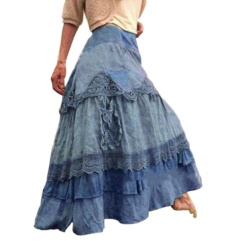 Spring Women's Long Skirt with Lace and Flare Design