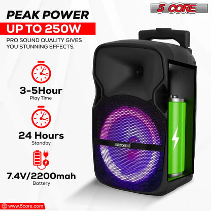 5Core 8 inch PA Portable Bluetooth Party Speaker Karaoke Boombox + 2 Wireless Mics